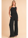 Black Crinkled U Neck Tank and Wide Leg Pants Set