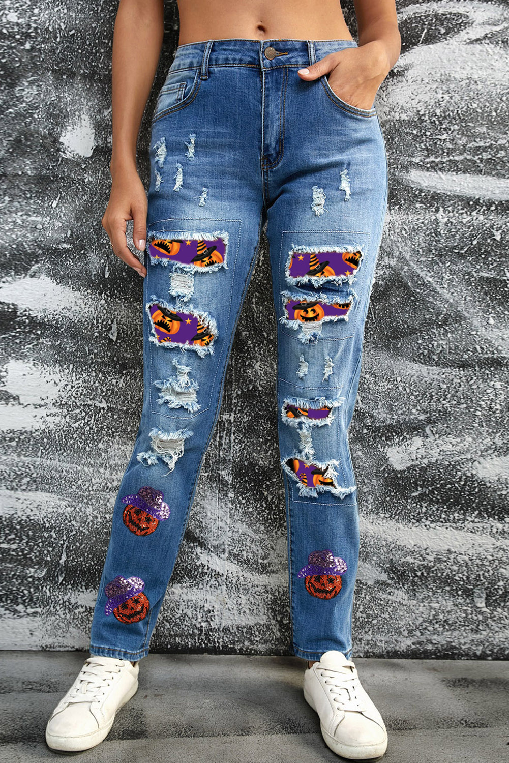 Sky Blue Sequin Pumpkin Patched Distressed Straight Leg Jeans