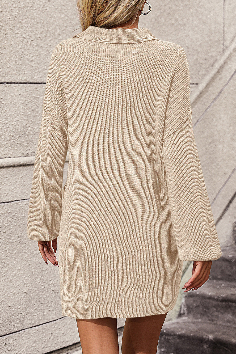 Collared Neck Long Sleeve Sweater Dress with Pockets