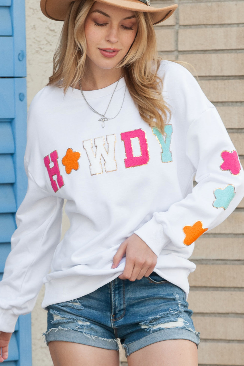 White Glitter Howdy Patch Casual Star Sweatshirt