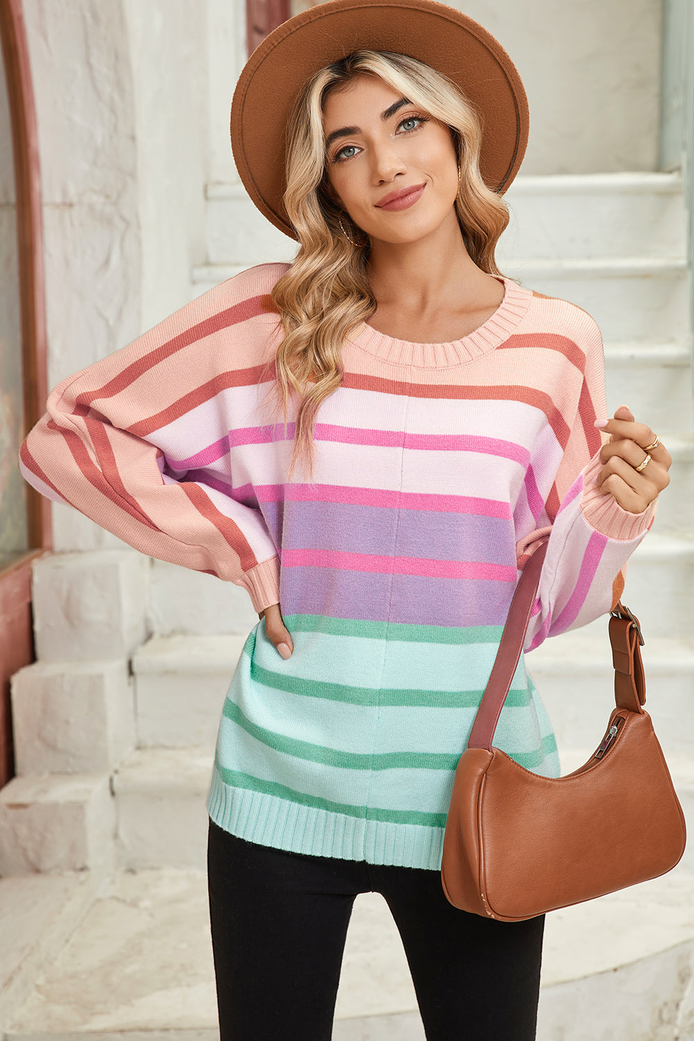 Yellow Striped Ribbed Edge Gradient Loose Sweater