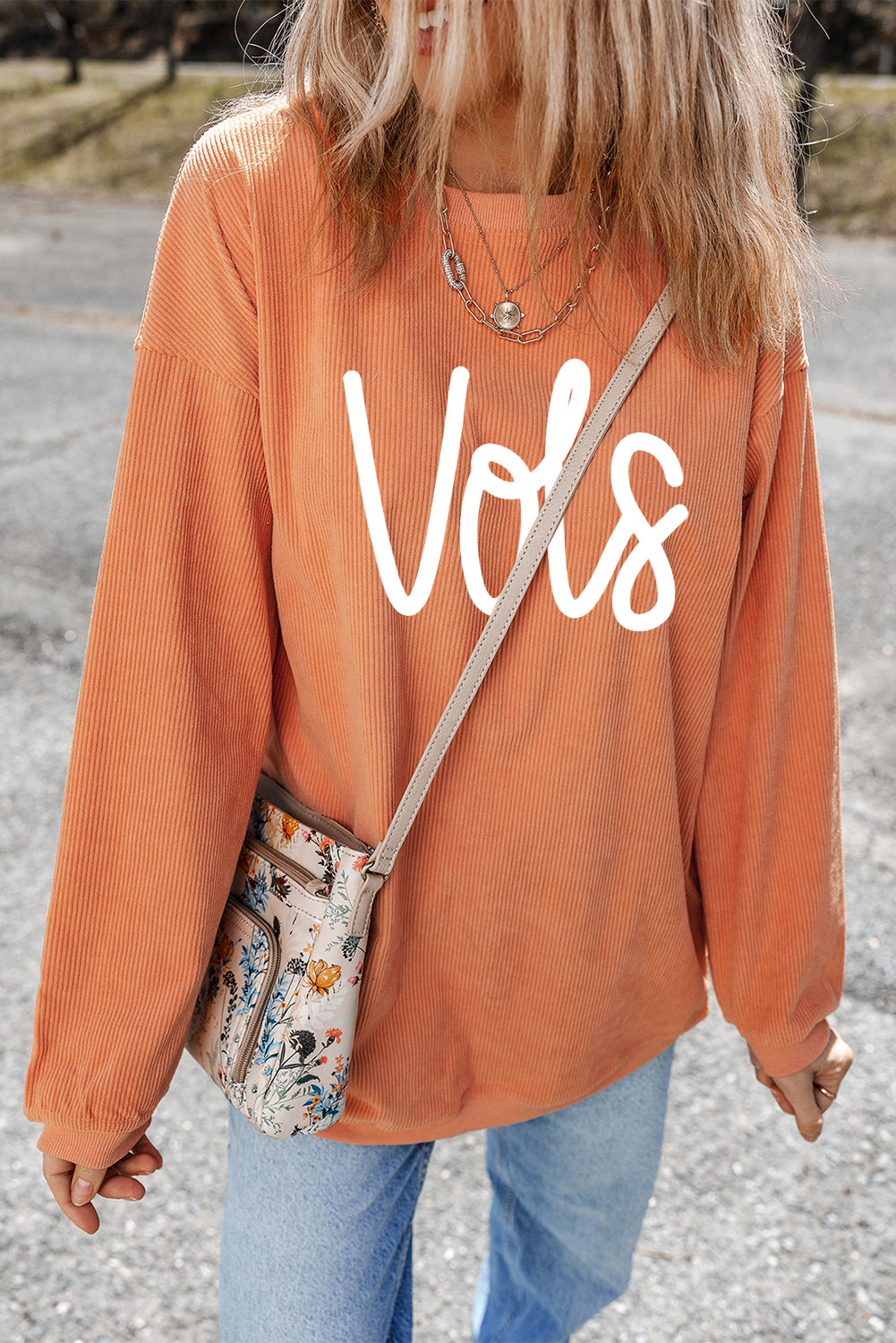 Orange Vols Letter Graphic Crinkle Ribbed Oversized Sweatshirt