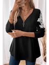 Black Lace Applique Zipper V Neck Long Sleeve Top