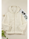 Beige Fleece Zip Up Drawstring Hooded Pocketed Jacket