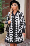 Black Abstract Print V Neck Puff Sleeve Mini Dress