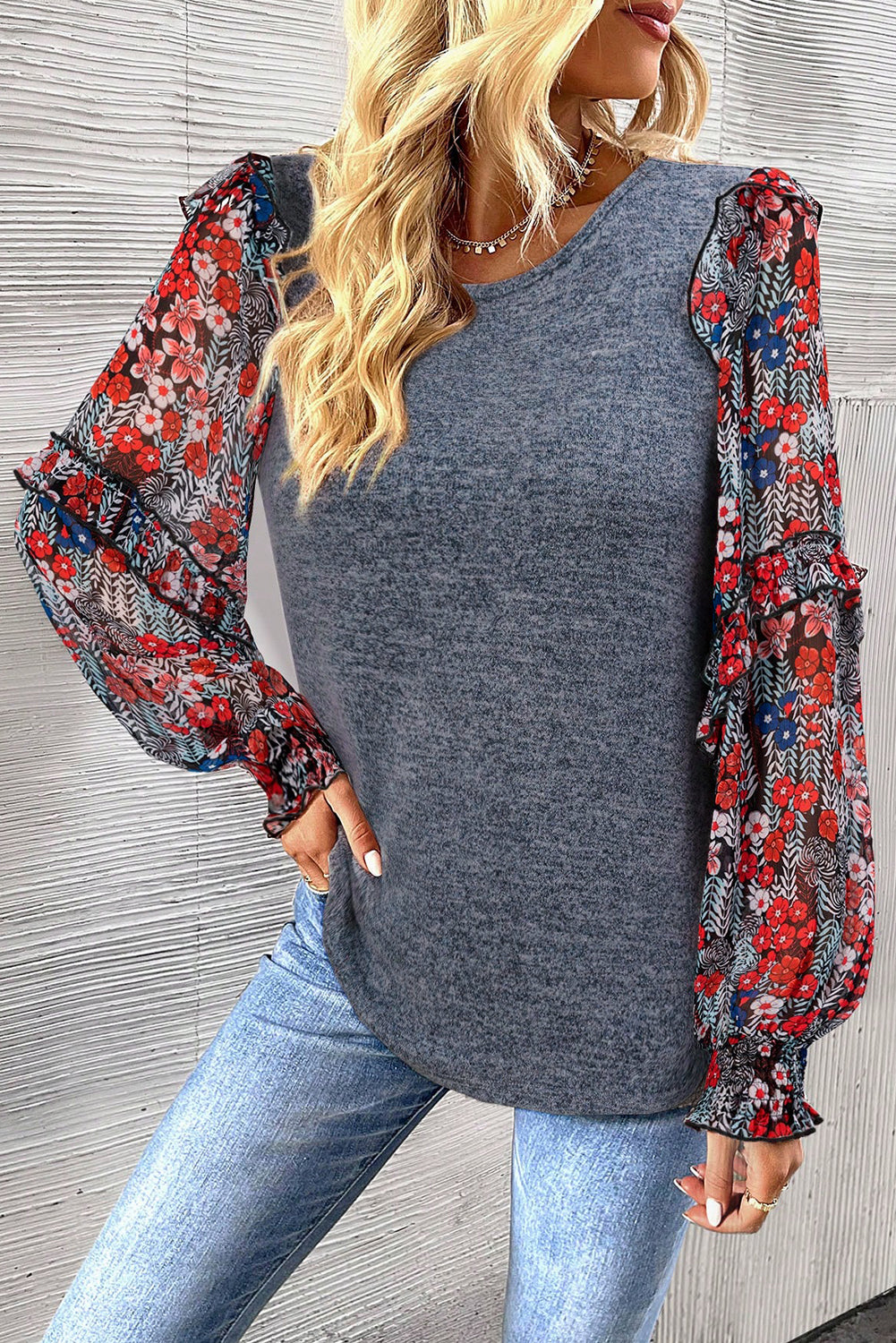 Blue Floral Ruffle Sleeve Patchwork Top