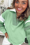 Moonlight Jade Colorblock Striped Patchwork Collar V Neck Plus Size Sweatshirt