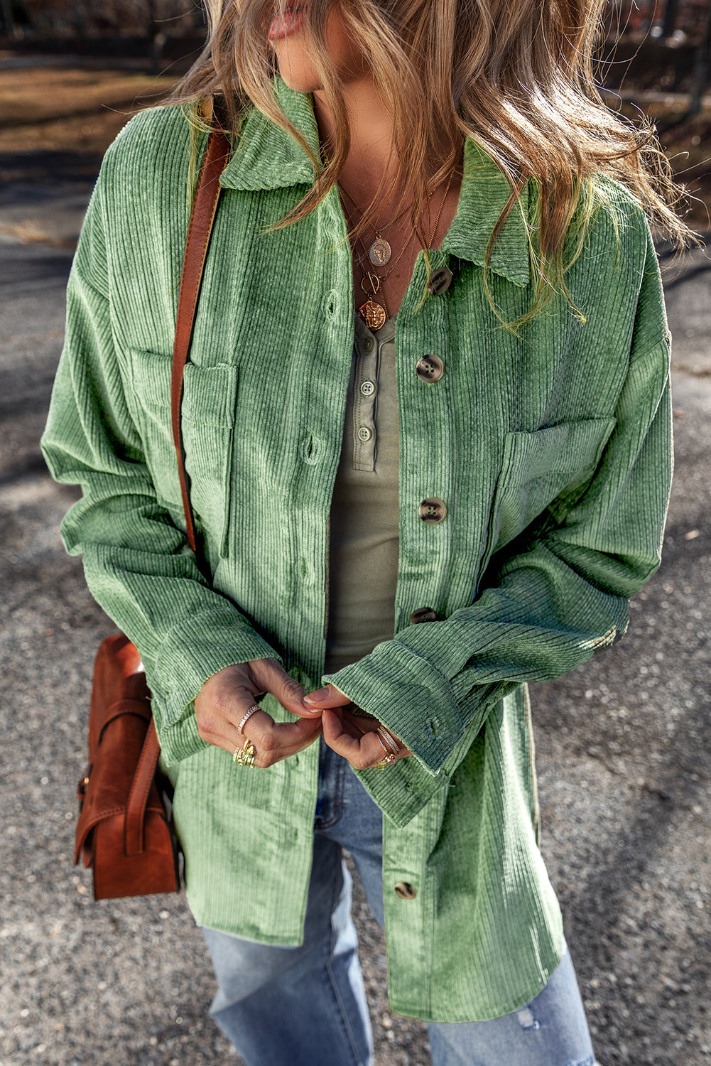 Mist Green Patched Pocket Button-Up Corduroy Shacket