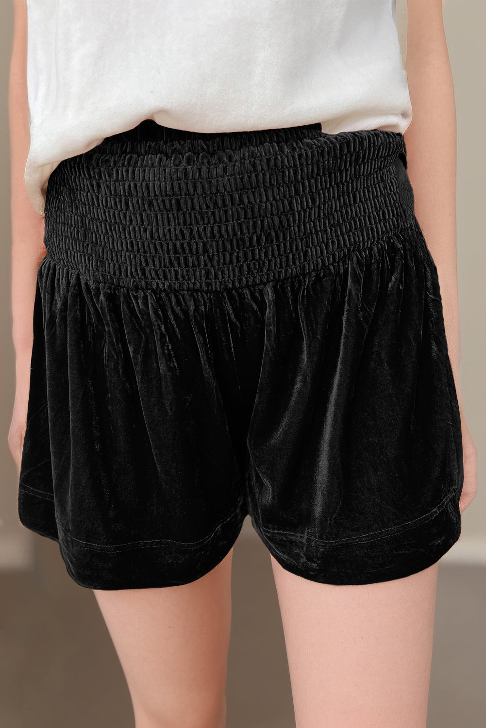 Shorts Black Velvet Smocked High Waist Shorts.