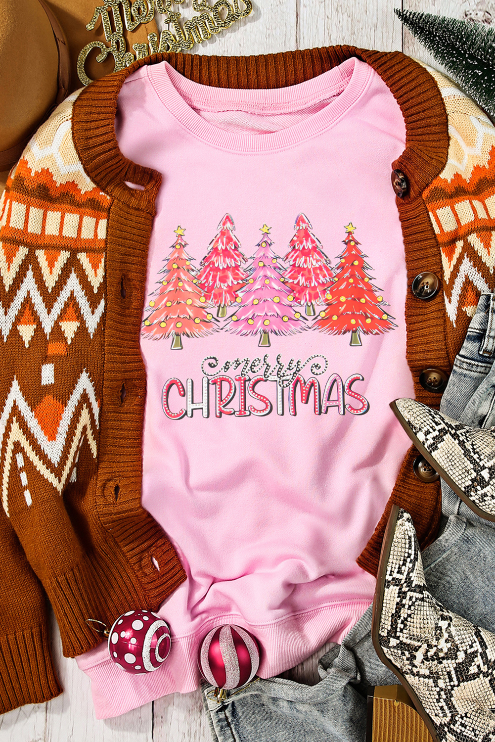 Pink Merry Christmas Tree Graphic Sweatshirt