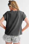 Dark Blue Corded Knit Color Block Pocketed Crew Neck T Shirt