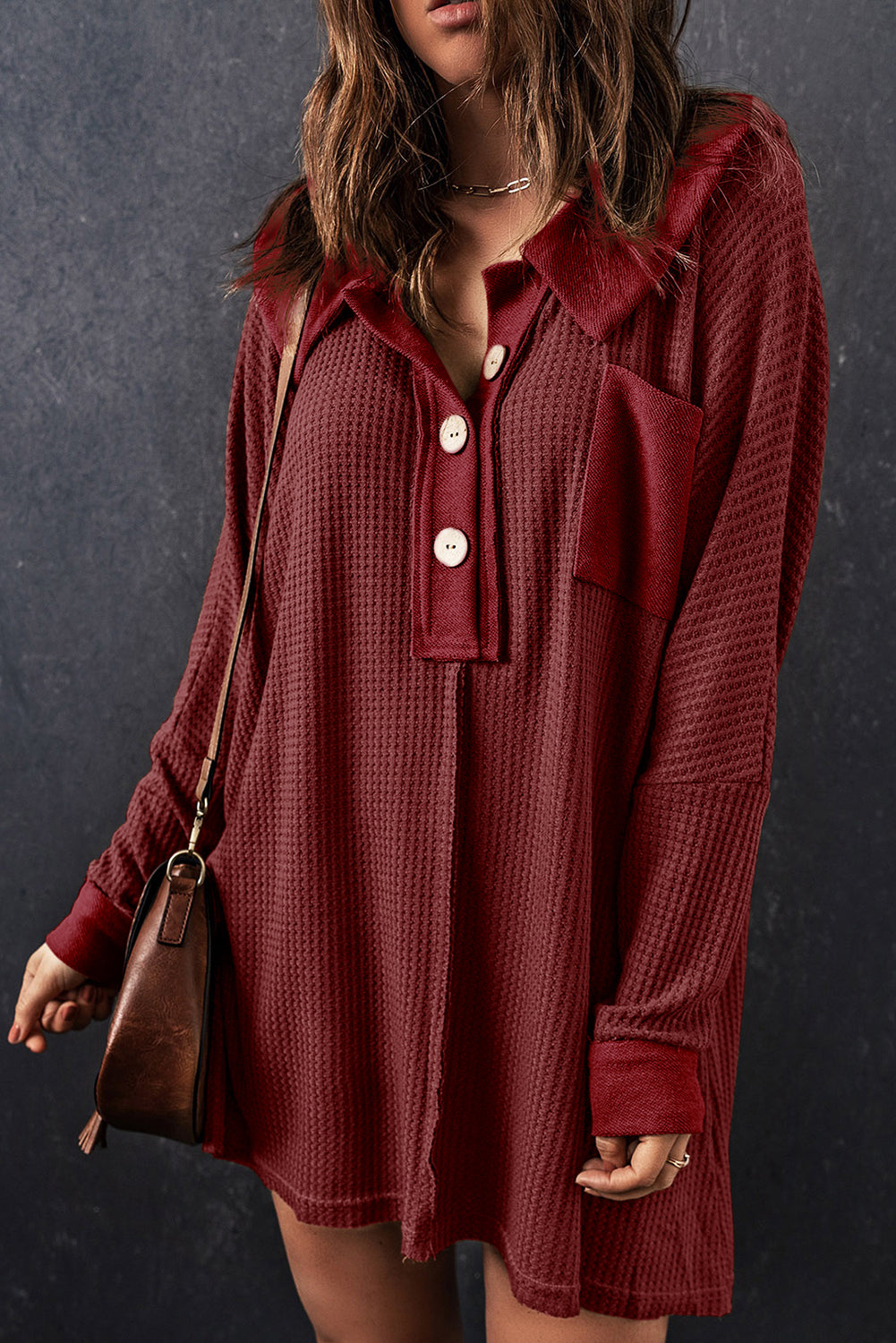 Red Waffle Pocket Seam Patchwork Loose Top