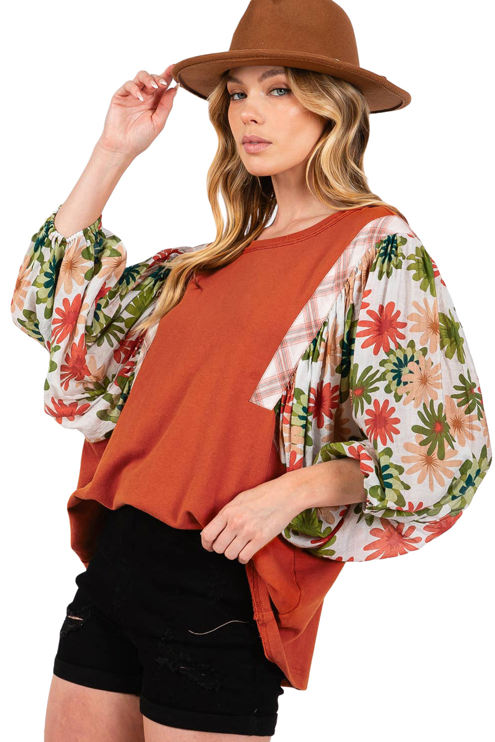 Desert Gold Floral Patchwork Sleeve Loose Top