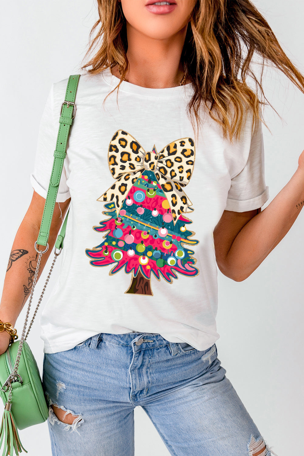 White Leopard Bow Decor Christmas Tree Graphic Crewneck Tee