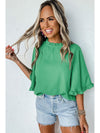 Green Frilly Round Neck Wide Half Sleeve Blouse