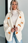 White Pumpkin Print Open Front Drop Shoulder Knit Cardigan