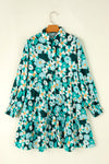 Blackish Green Flower Print Smocked Cuffs Tiered Mini Dress