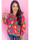 Rose Floral Print Pleated Ruffled O Neck Plus Size Blouse