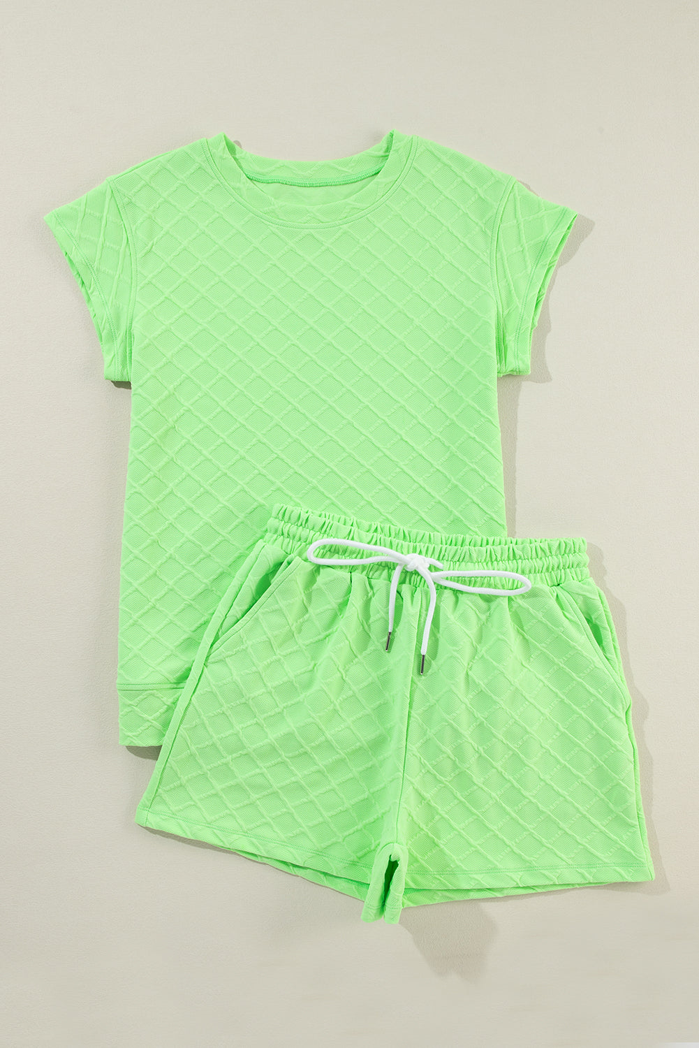 Light Green Argyle Textured Tee and Drawstring Shorts Set