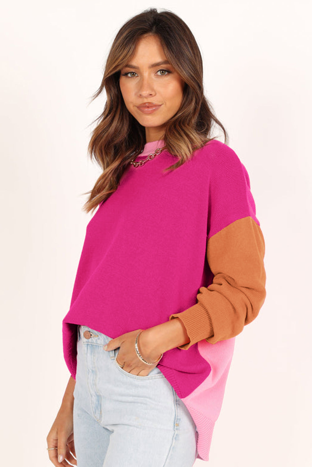 Bonbon Color Block Round Neck Loose Sweater