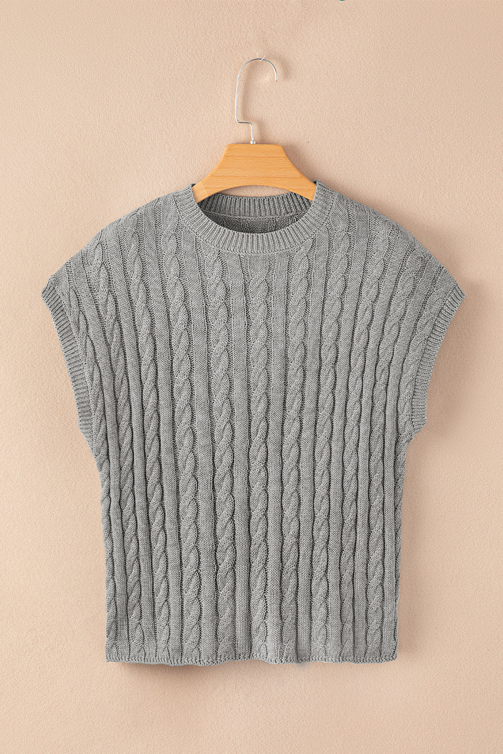 Gray Solid Cable Knit Short Sleeve Roun Neck Sweater