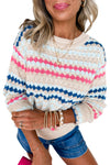 Khaki Striped Eyelet Pattern Drop Shoulder Sweater
