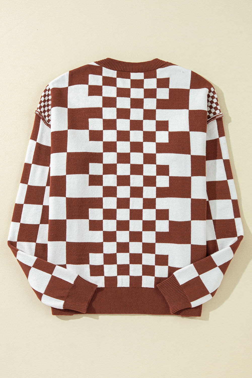 Carrot Checkered Drop Shoulder Round Neck Sweater