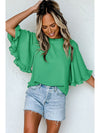 Green Frilly Round Neck Wide Half Sleeve Blouse