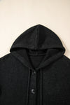 Black Button Up Drop Shoulder Knit Hooded Cardigan