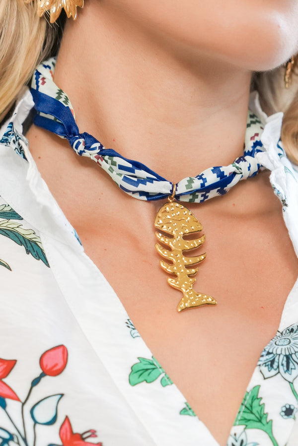 Dark Blue Fishbone Pendant Geometric Print Multifunction Scarf Necklace