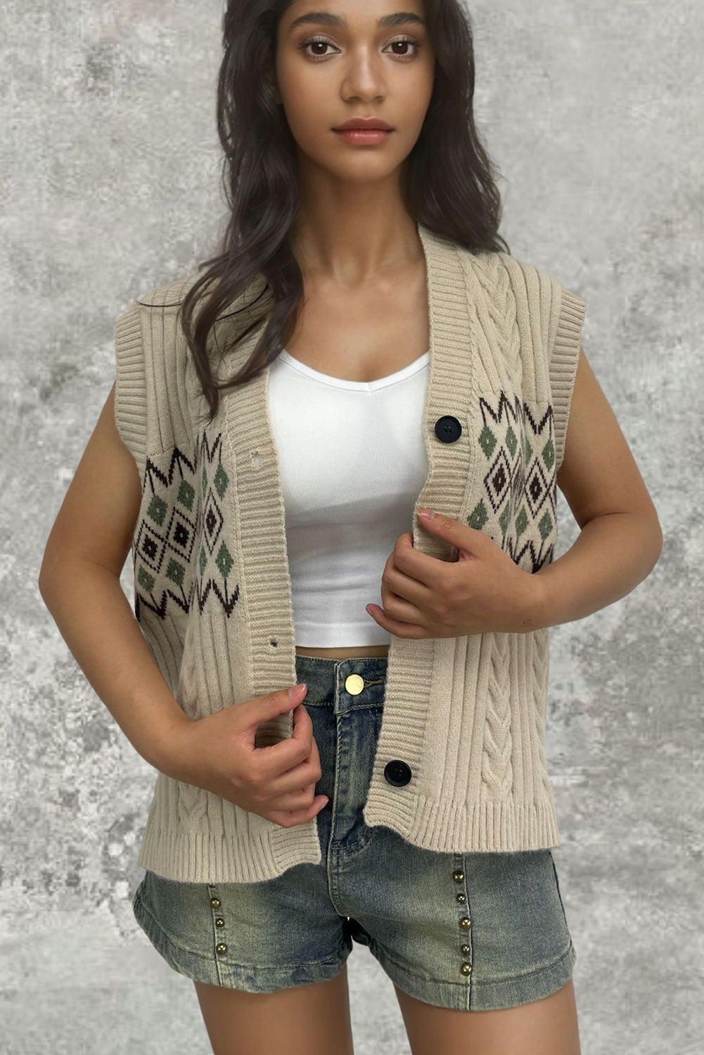 Khaki Geometric Knit Vest Cardigan