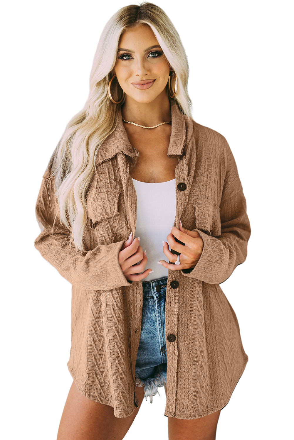 Khaki Casual Textured Button Front Oversized Knit Shacket