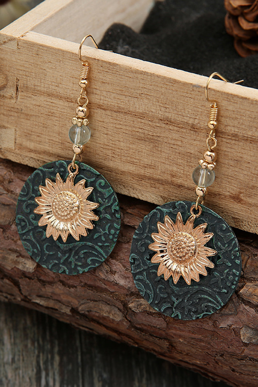 Real Teal Retro Sunflower Disc Alloy Dangle Earrings