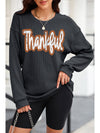 Black Thankful Drop Shoulder Corded Graphic Thanksgiving Sweatshirt