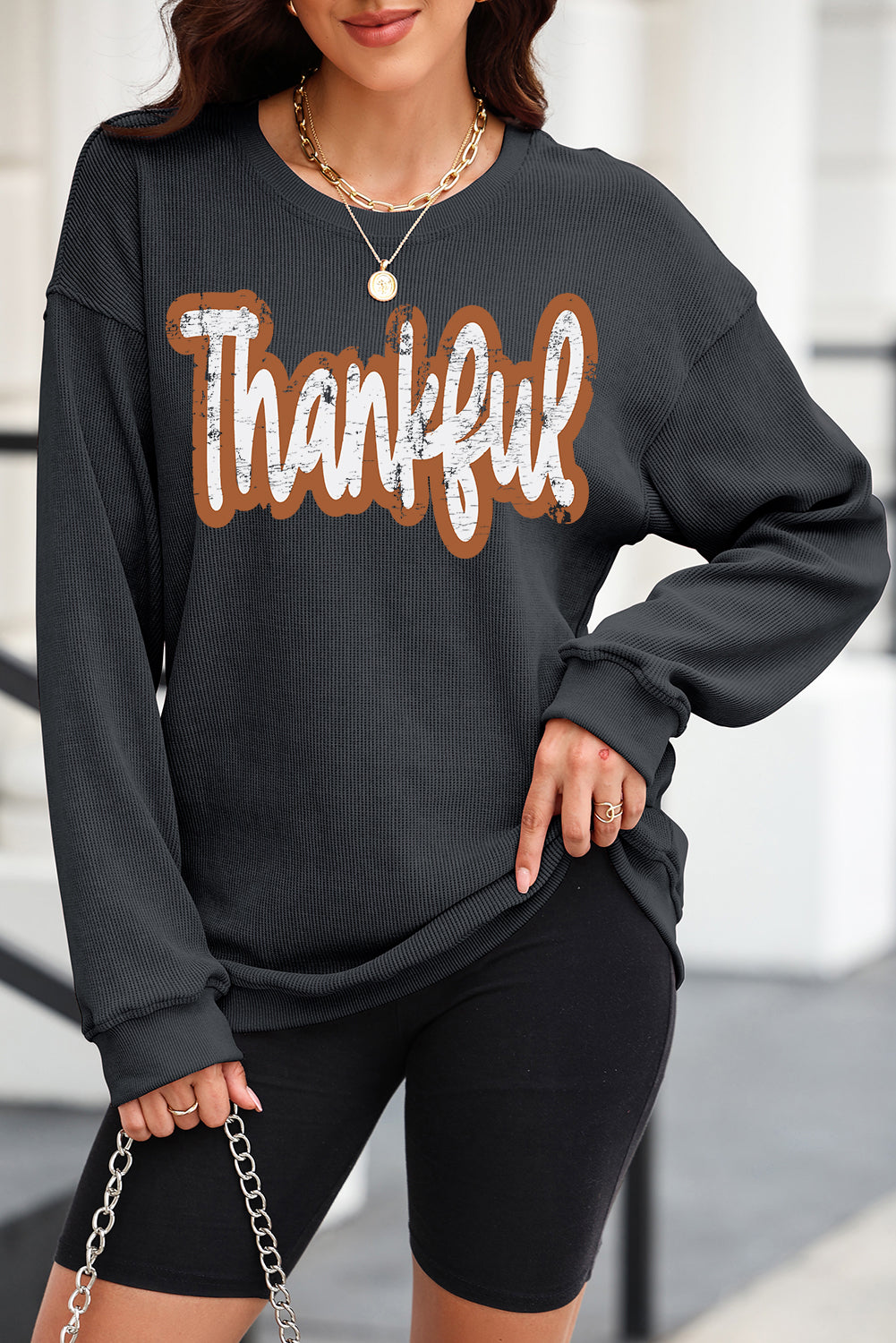 Black Thankful Drop Shoulder Corded Graphic Thanksgiving Sweatshirt