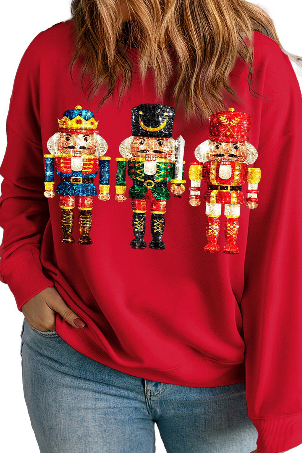 Racing Red Plus Size Sequin Nutcracker Round Neck Sweatshirt