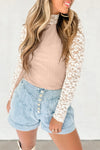 Smoke Gray Floral Lace Patchwork Long Sleeve Slim Top