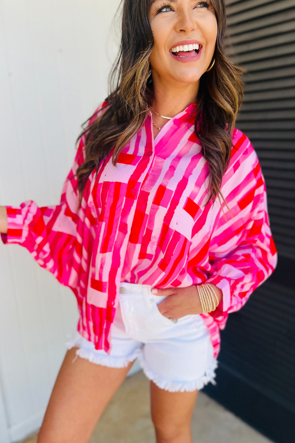 Pink Abstract Print Batwing Sleeve Loose Shirt