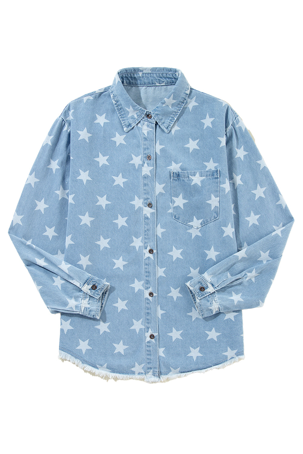 Sky Blue Star Print Raw Hem Denim Jacket