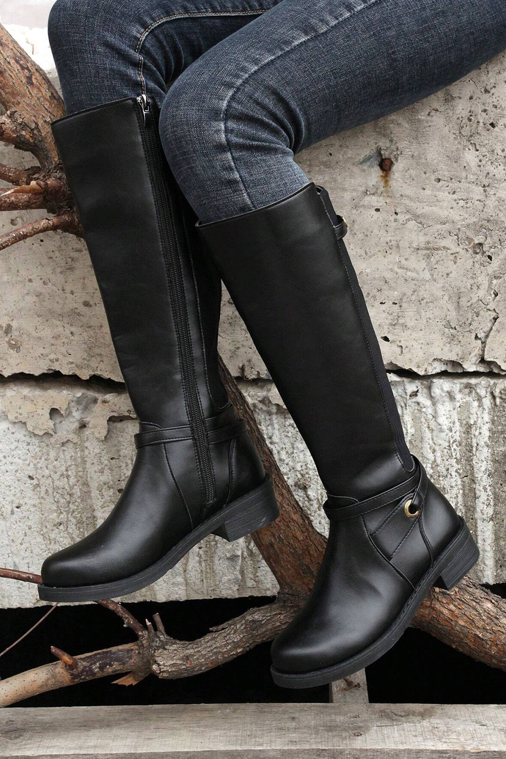 Black Side Zipper Knee High Chunky Low Heel Boots