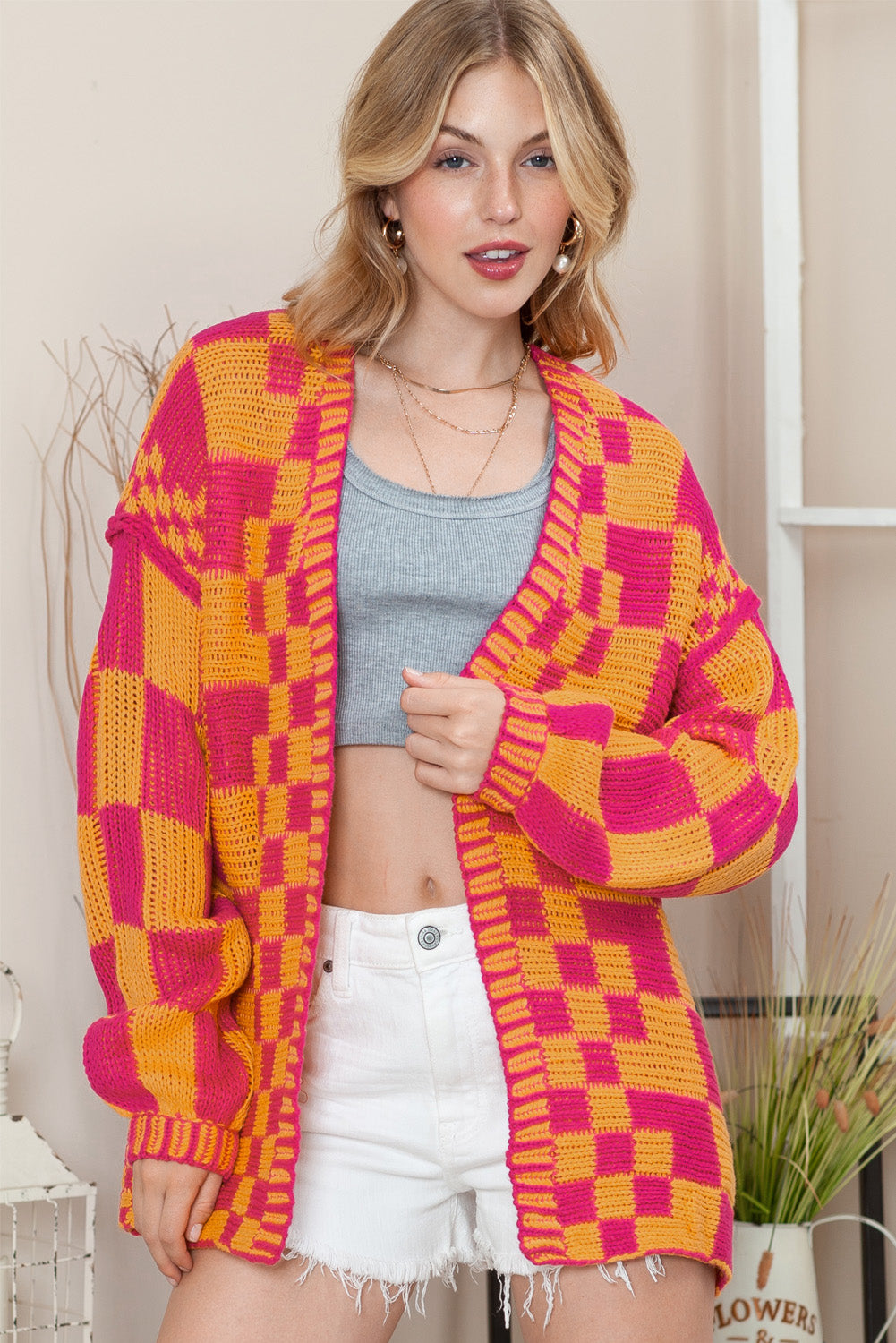 Rose Red Colorblock Checked Open Front Knitted Cardigan