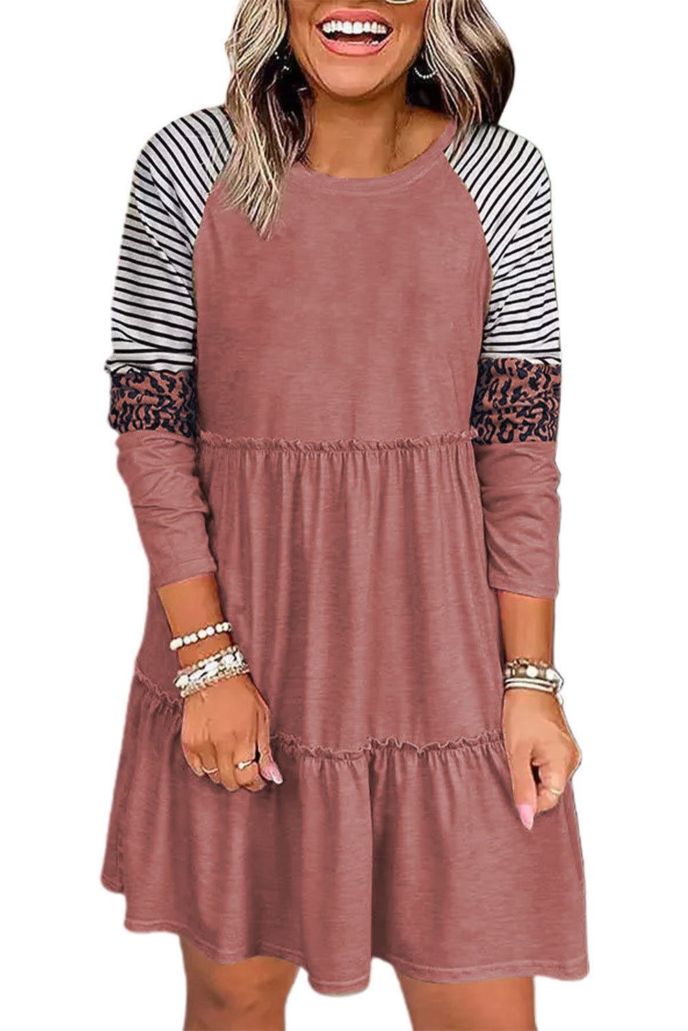 Pink Striped Leopard Patchwork Frill Long Sleeve Short Dress