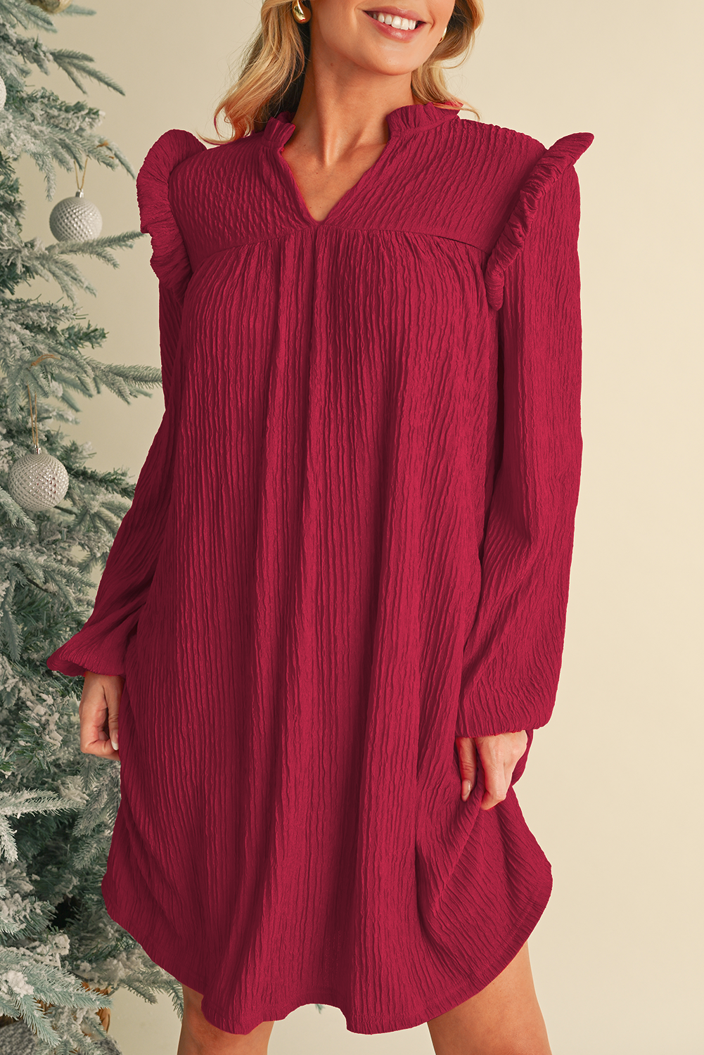 Fiery Red Frill Trim V Neck Loose Fit Ribbed Mini Dress