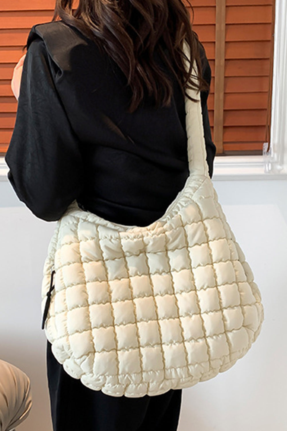 Beige Quilted Puffy Large Shoulder Bag