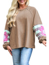 Light French Beige Flower Striped Patchwork Sleeve Plus Size Sweatshirt