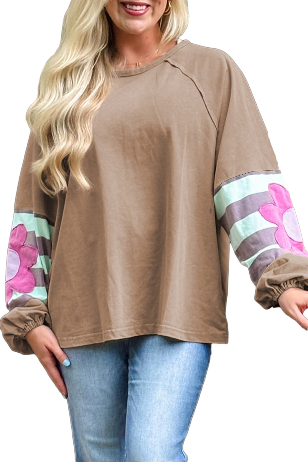 Light French Beige Flower Striped Patchwork Sleeve Plus Size Sweatshirt