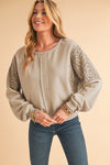 Parchment Crochet Patchwork Exposed Seam Ribbed Trim Sweatshirt