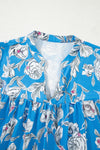 Sky Blue Vintage Floral Print V-Neck Bubble Sleeve Blouse