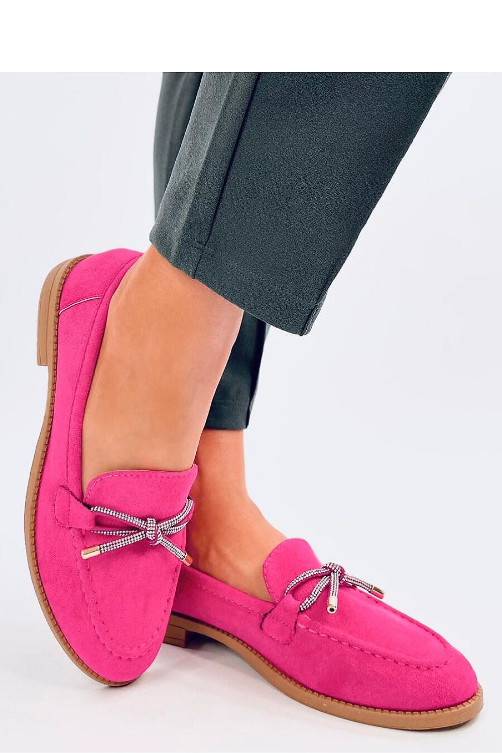 Pink Suede Shiny Bow Loafers