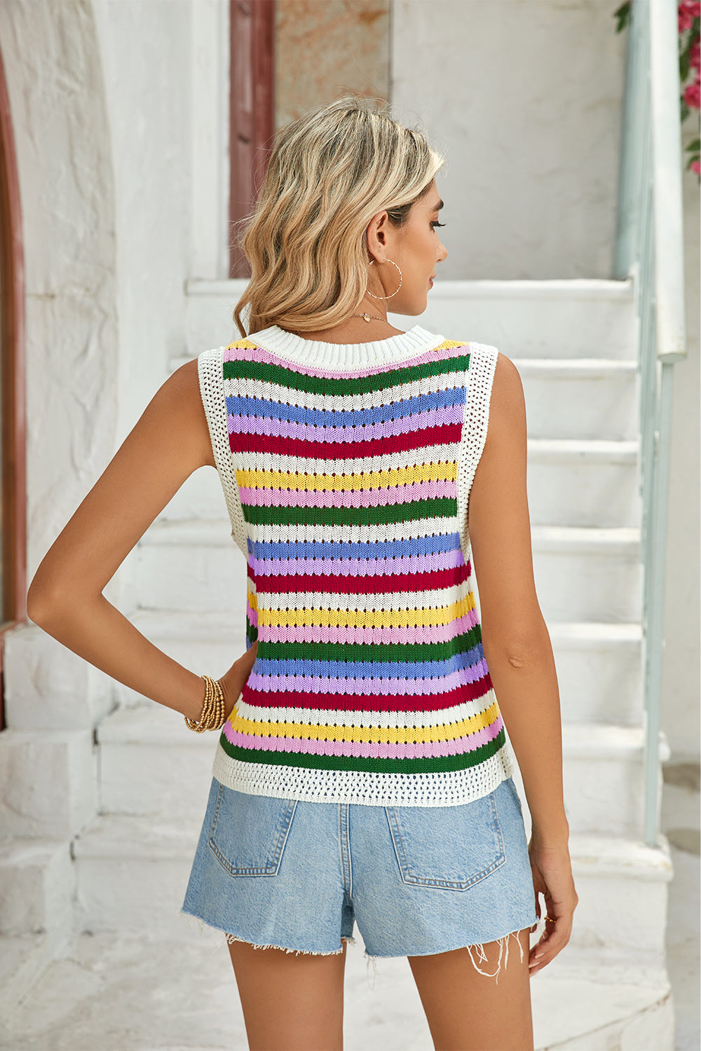 Multicolour Striped Cutout Knit Tank Top